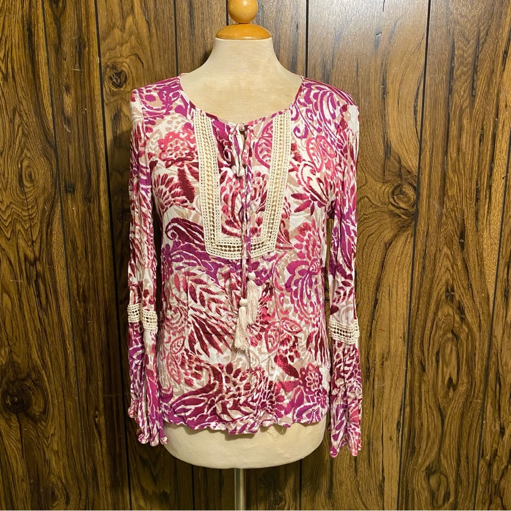 August Silk Pink Multicolored Long Bell Sleeves Drop Cut Blouse